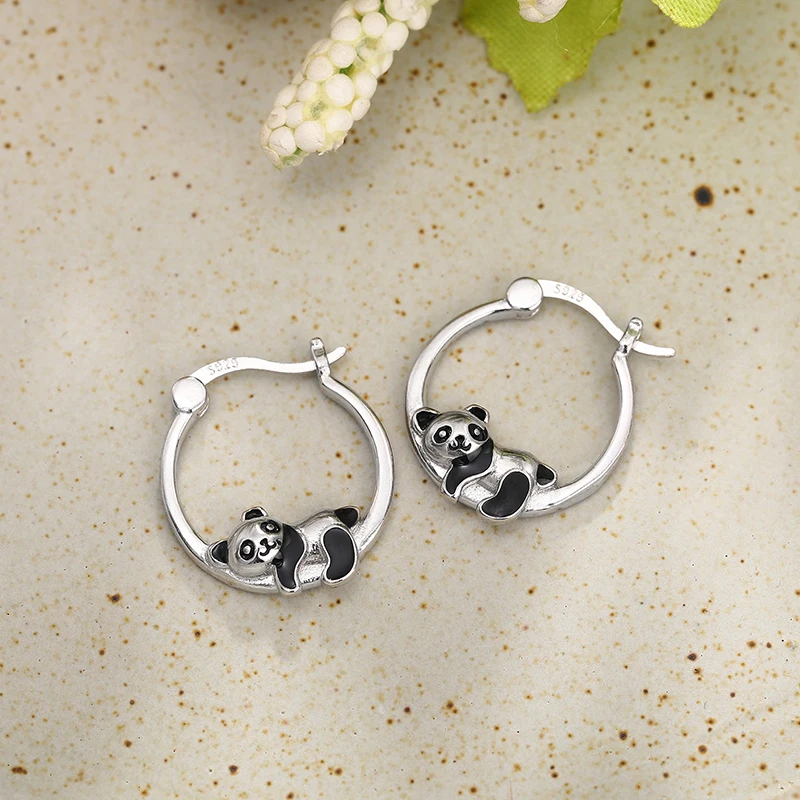 Huitan-pendientes de aro de Plata de Ley 925 para mujer, aretes de Panda negro, accesorios creativos para la oreja, joyería versátil de lujo, regalos para adolescentes