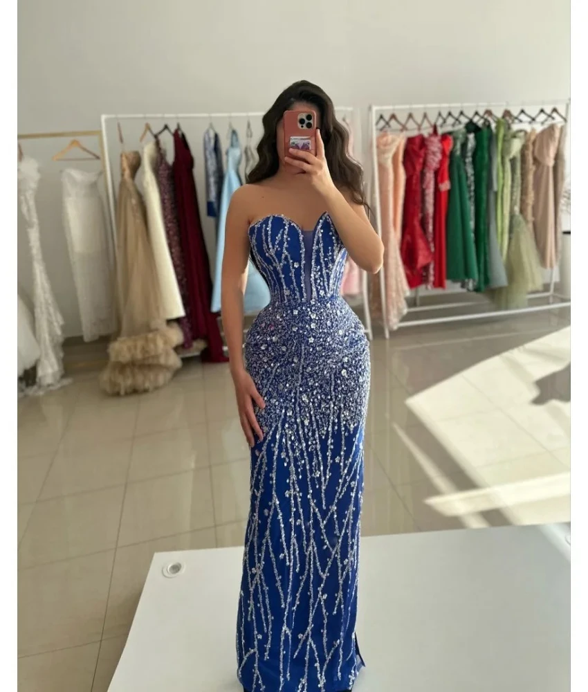 

Customized Exquisite Jersey Straight Sequined Beading Evening Dress Luxury SweetheartSleeveless Floor Length Party Gowns