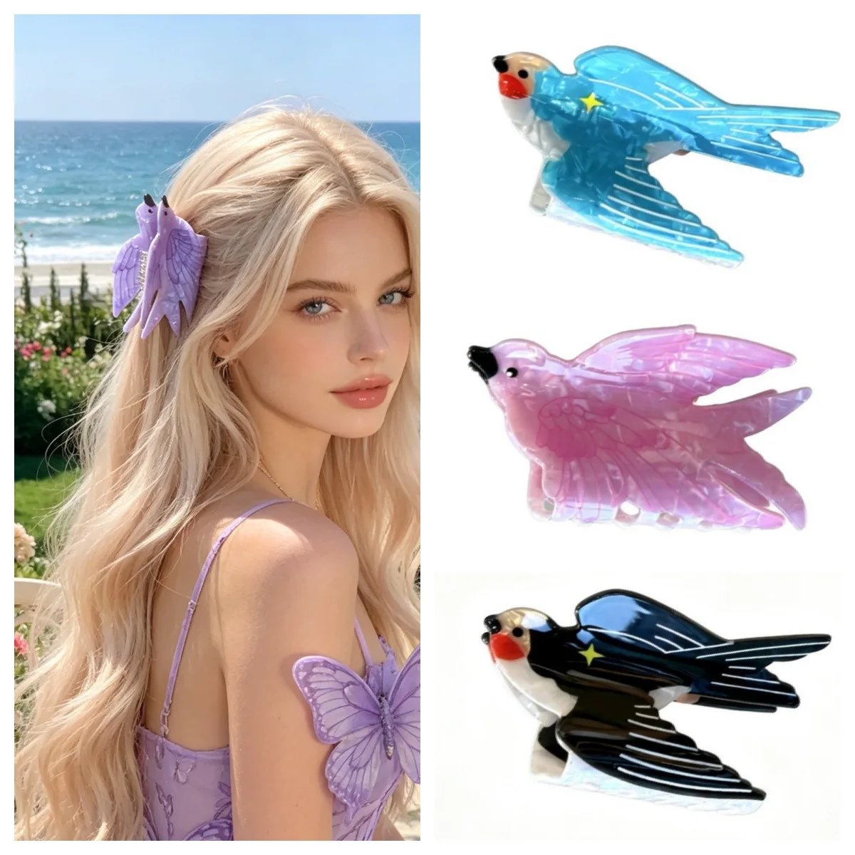 Cute Swallow Bird Shape Hair Claw Clips Colorful Acrylic Shark Hair Clamp Women Girls Aesthetic Animal Hair Accessories Daily Va