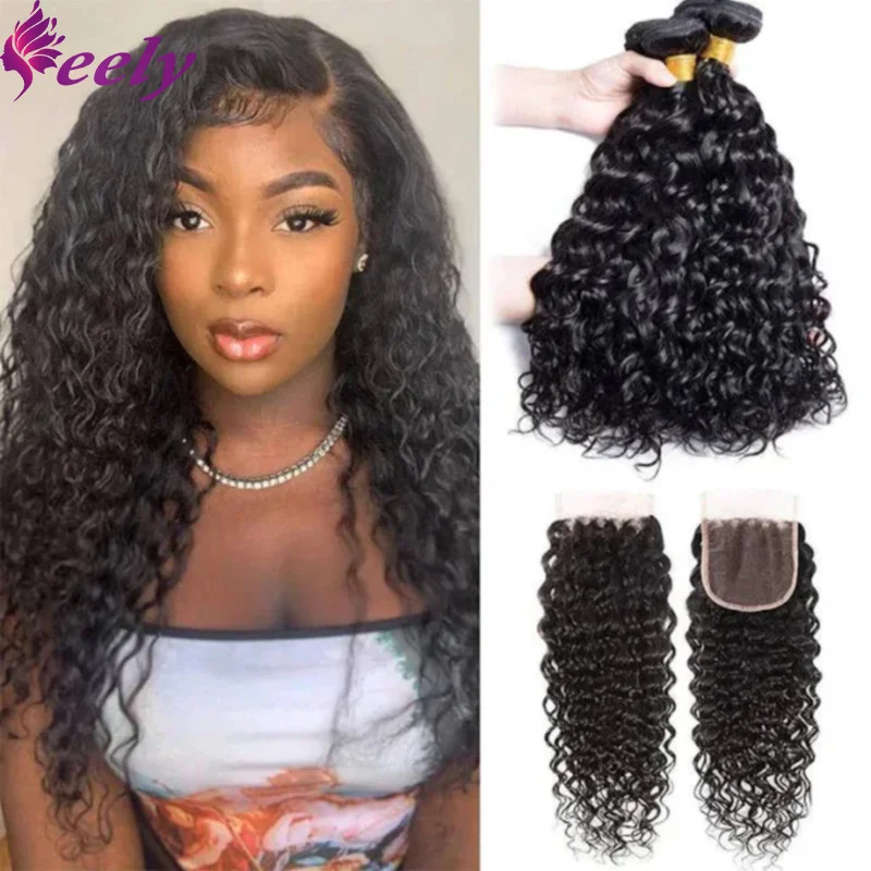 Deep Wave Human Hair Bundles With Closure 4x4 Lace Frontal 3 Bundles Real Human Hair With Closure Extensions 30 Inch For Woman