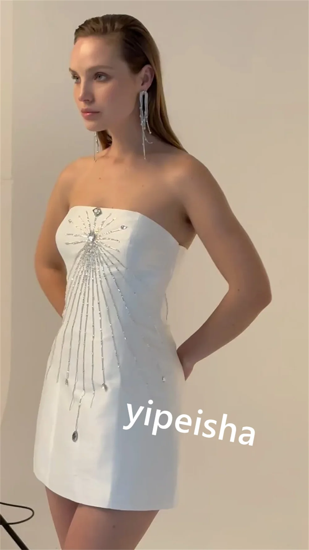 Robe de plage sans bretelles à paillettes plissées en jersey, robe sur mesure, mini robes, colonne, occasion