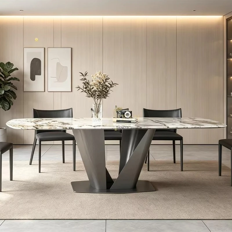 Custom Modern Assembled White Gold Vein Marble Rectangular Dining Table Dark Gray Twisted V Shape Metal Base Living Room