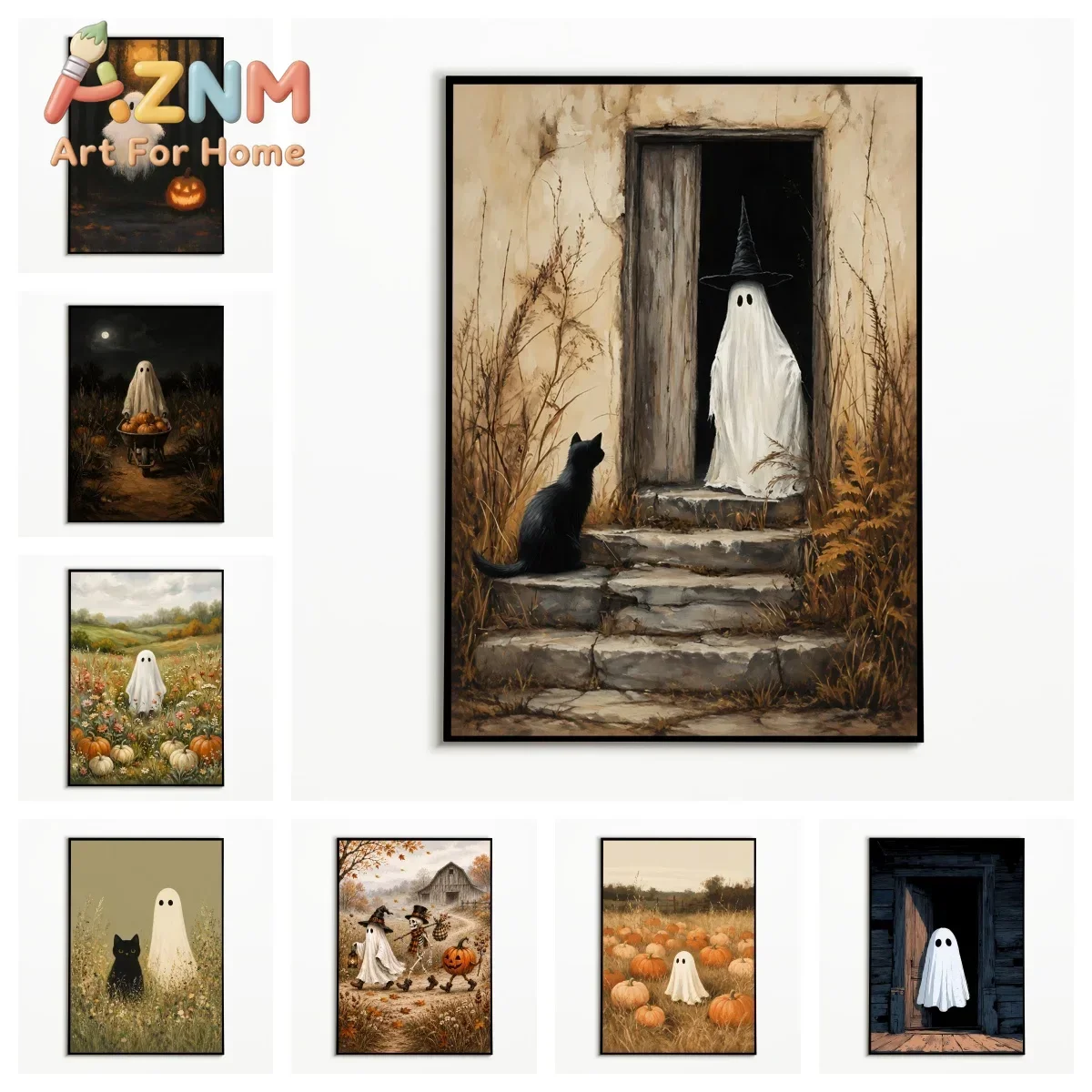 1PC Halloween Ghost Black Cat Poster Autumn Village Pumpkin Retro Wall Art  Fall Canvas Printing Holiday Gift Room Wall Decor