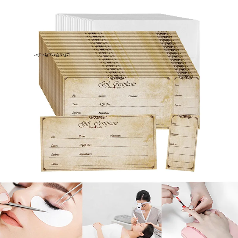 Elegante, goldfarbene, glitzernde, leere Geschenk-Zertifikatskarten aus Premium-Papier für Kunden im Nagelstudio