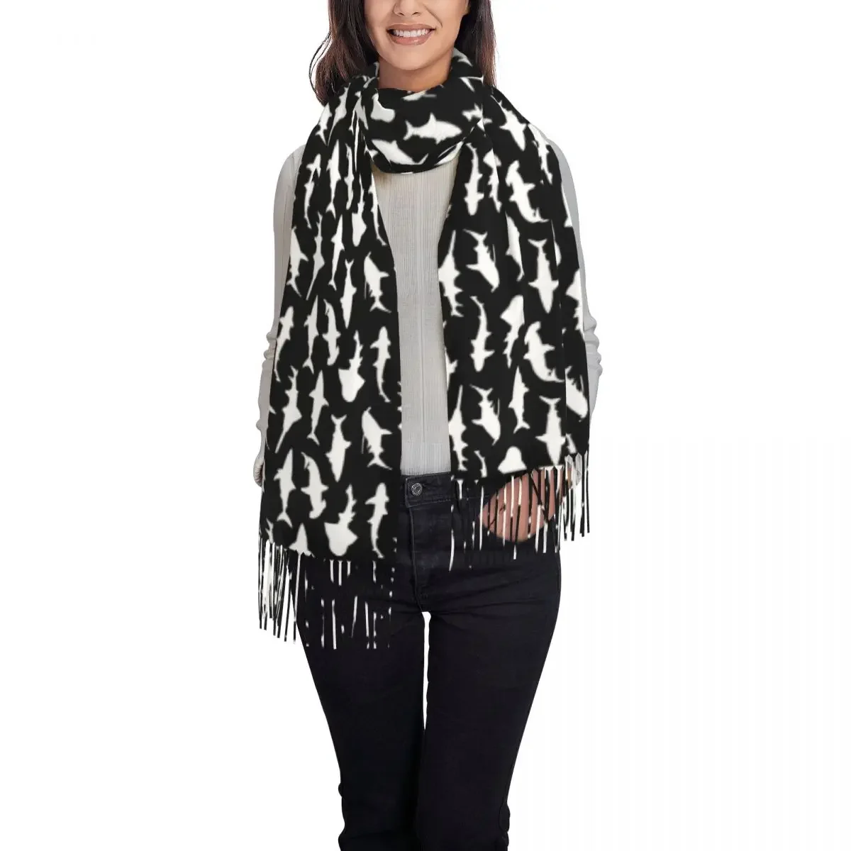 Warm Soft Scarf Winter Shark Silhouette Shawls and Wraps Animal Print Custom DIY Bufanda Women Luxury Brand Scarves Wraps