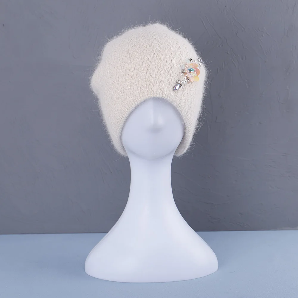 

Hat Winter Women Beanie Angora Knit Pearls Autumn Warm Double Layers Soft Skiing Accessory For Outdoors