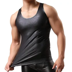Men’s Soft Faux Leather Tank Tops Sleeveless Undershirts Male Muscle Vest Tight Crew Neck T-Shirts Summer Slim Fit Singlets Tee