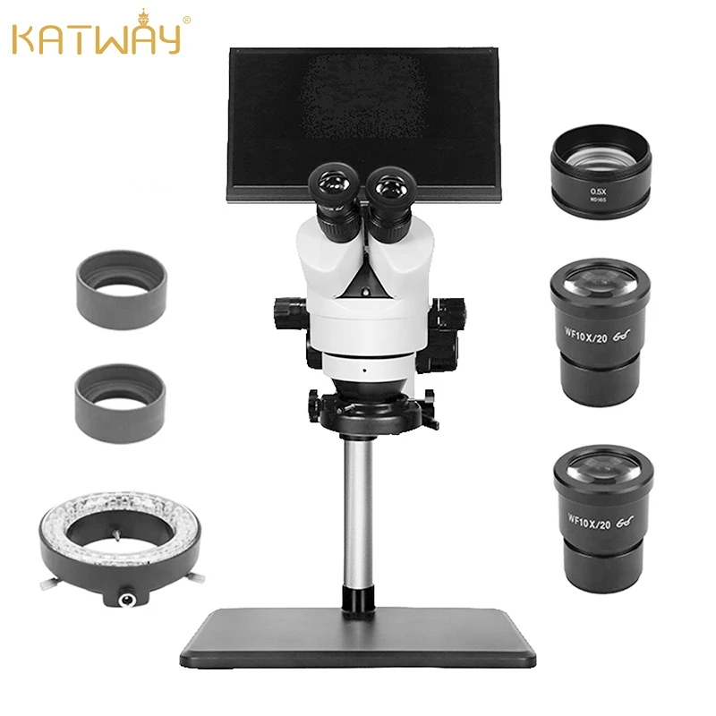 Katway HH-MH03B Boom-Arm Stand LCD Digital Trinocular Microscope Stereo Zoom, 7X-45X Magnification, 56-Bulb LED Light