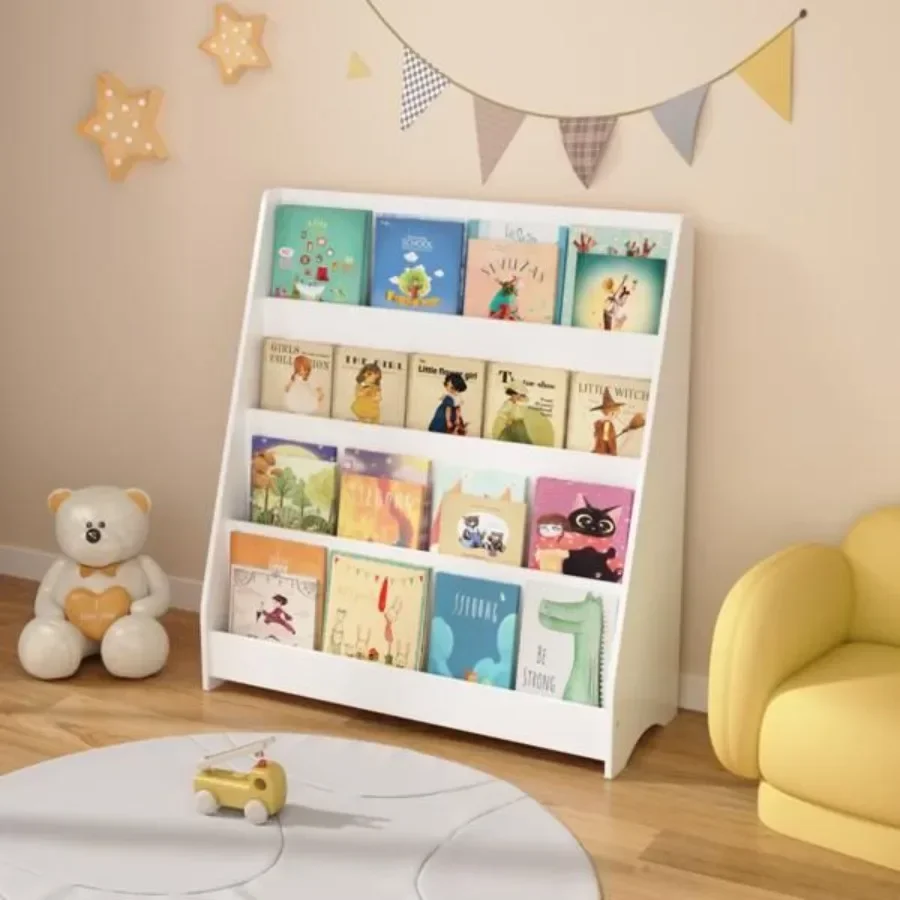 White 4-Tier Bookshelf for Toddlers Book Display Shelves Helps Keep Bedrooms Playrooms And Classrooms Organized