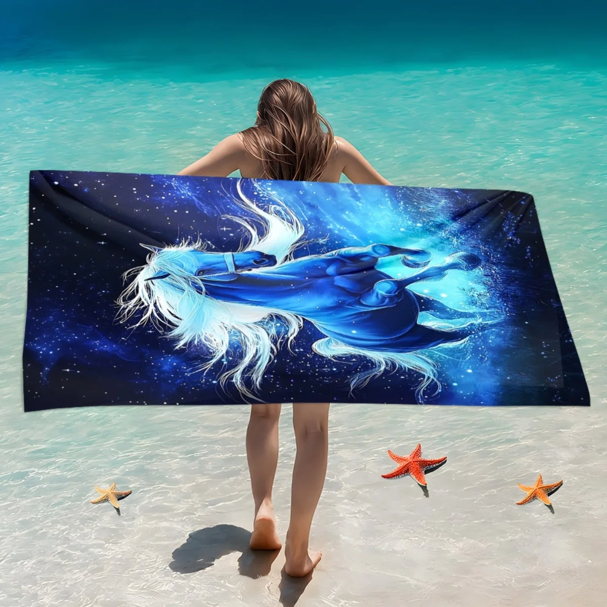 Blue Horse Starry Sky Print Beach Towel Polyester Soft Quick Dry Large Bath Towel Summer Swimming Pool Surfing Blanket