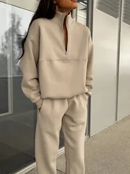 Autumn Winter Solid Suit For Women Casual Zipper Stand Collar Top Elastic Waist Small Leg Pants Two Piece Set 2025 Fashion New