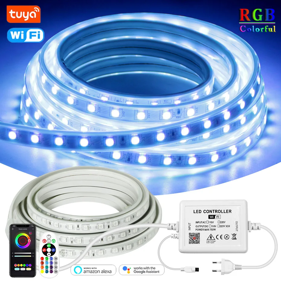 

50M 100M RGB LED Strip Lights 220V 5050 IP67 Tuya Smart Tape 4Pin Bluetooth WiFi Controller 1500W 750W for Home Outdoor Lighting