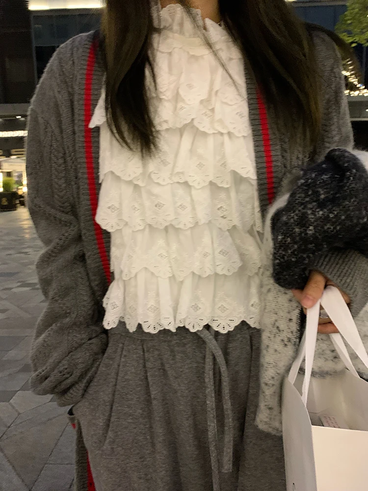 Spitze Long Sve White Irt Damen Herbst Winter Design Sense Small ence 2025, neue Sle Lady Commute Baumwollmischung