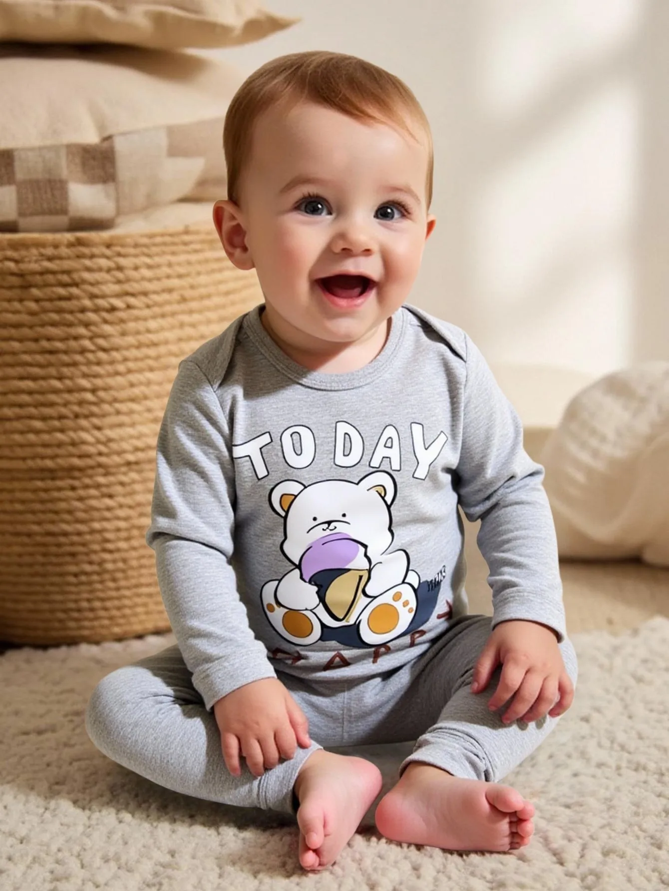 2 pieces of baby boy's casual cute cartoon bear printed round neck long sleeve romper and long pants set (including hat)