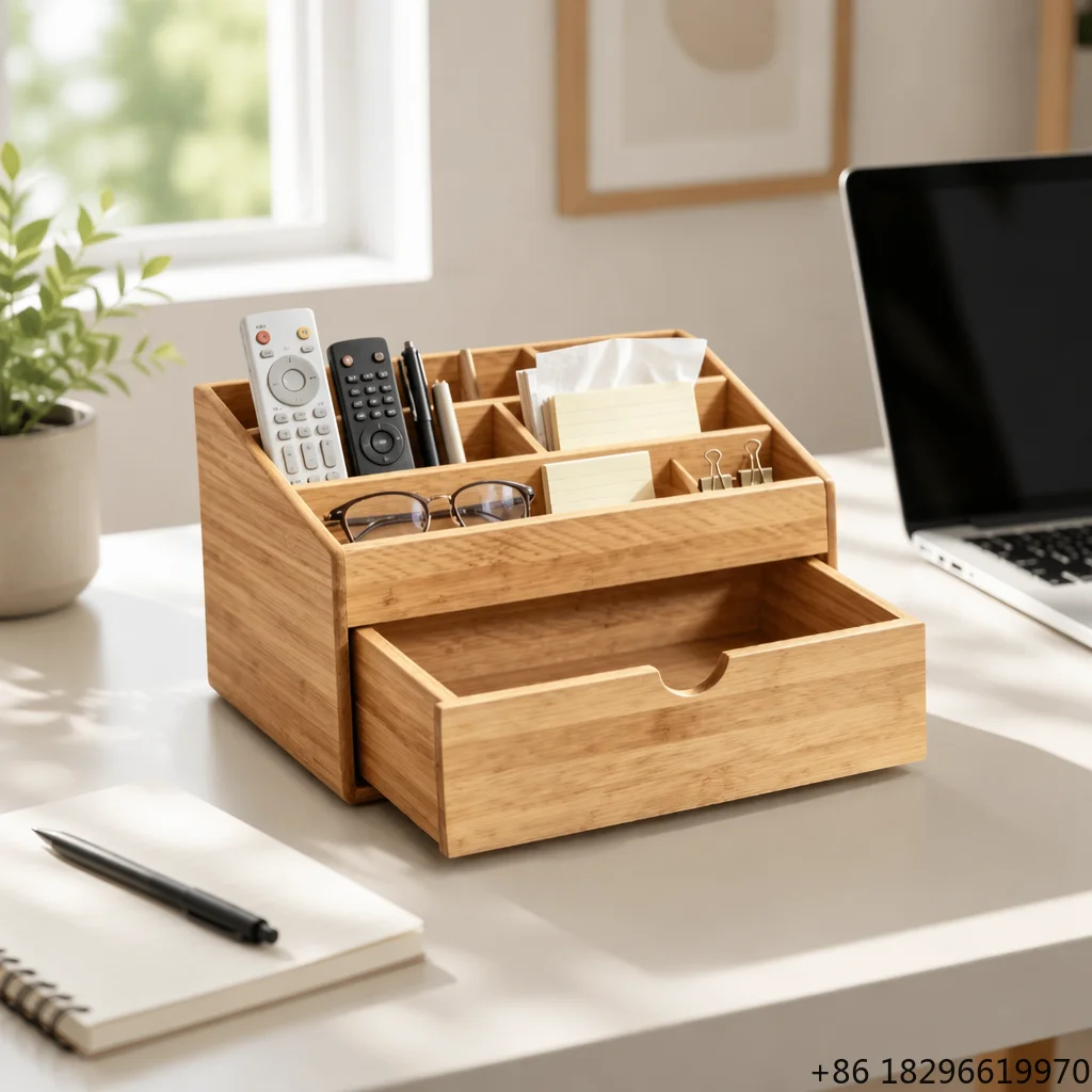 Desk Organizer Pull-out Drawer Multi Compartment Rectangular Office Storage Caddy Stationery Cosmetics Remote Bamboo