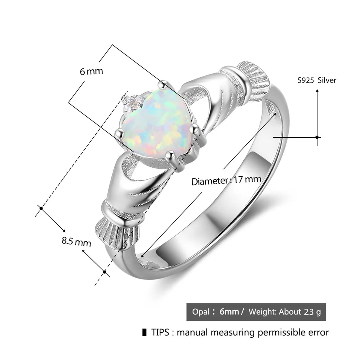 Irish Claddagh Ring S925 Silver Heart-shaped Opal October Birthstone Best Friend Promise Ring Women's Wedding Jewelry