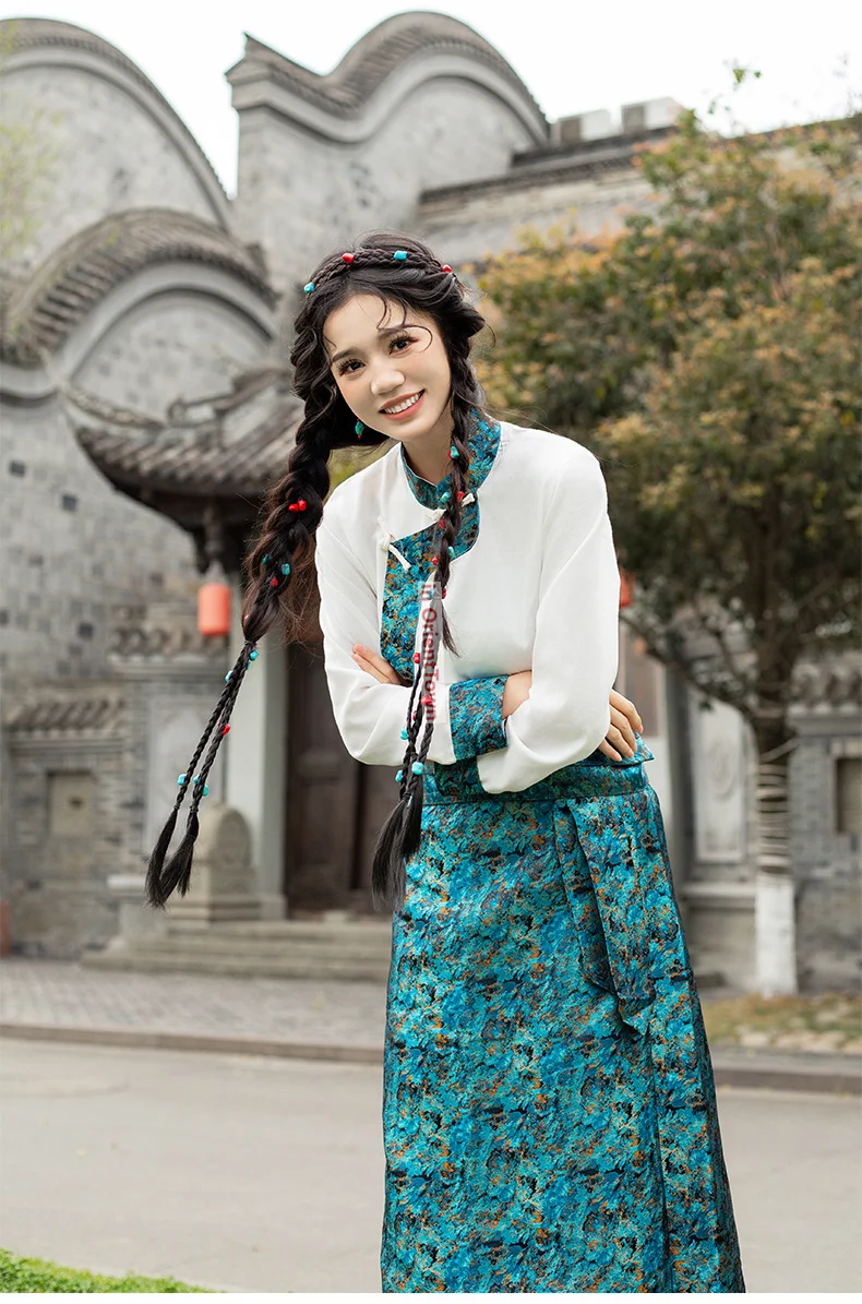 Lhasa Clothing Inner Top + Half Skirt Set Girl Nepal Sikkim Bhutan Trend Tibetan Young Women's Blouse Skirt Suits FE034