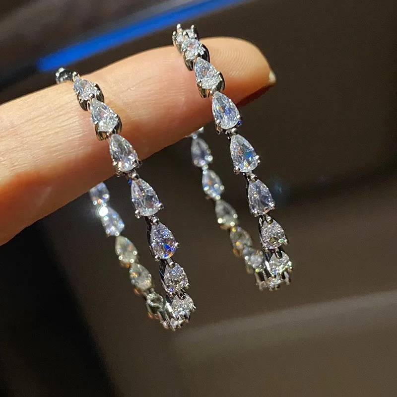 Huitan Luxury Pear Cubic Zirconia Crystal Hoop Earrings for Women Daily Wear Statement Girls Accessories Modern Fashion Jewelry