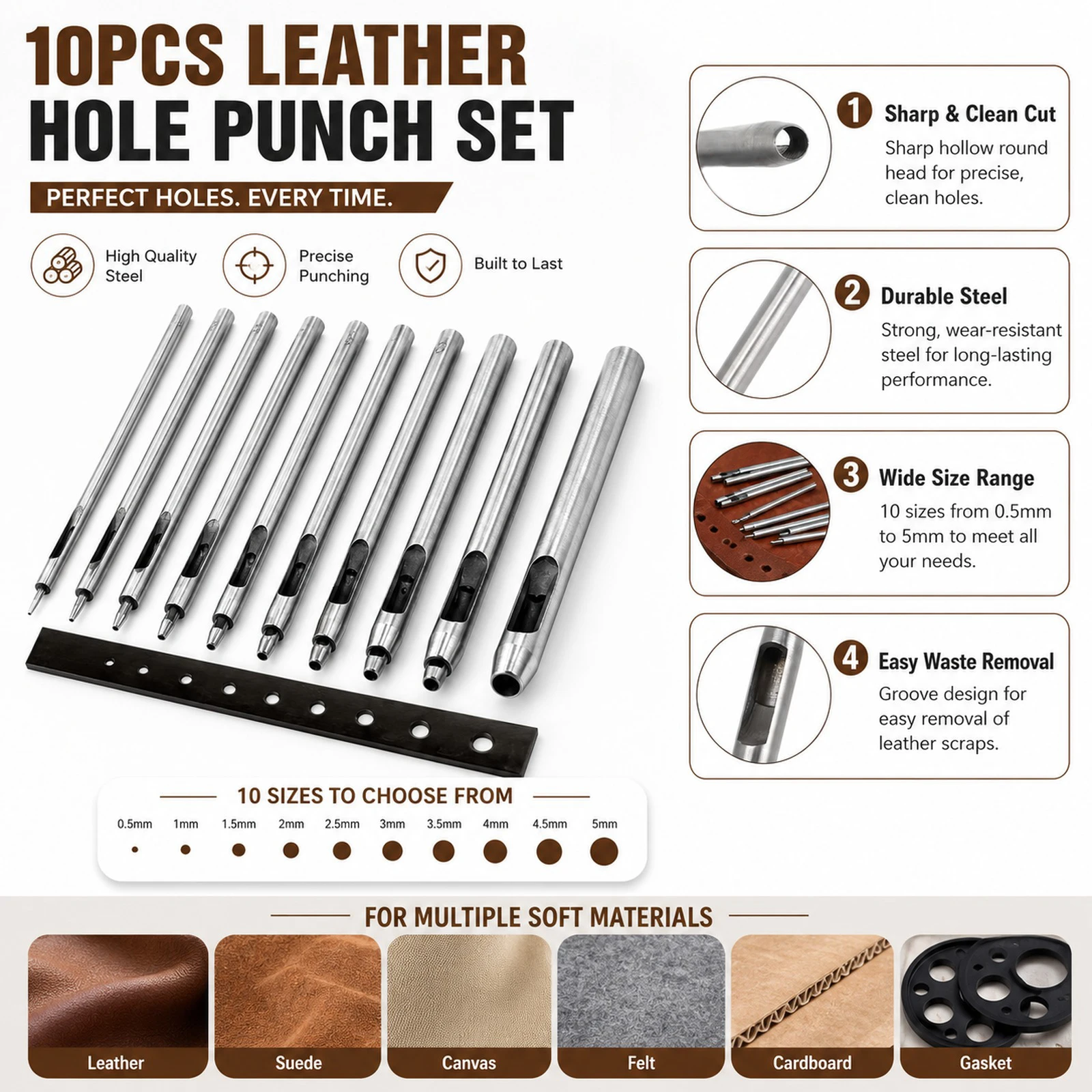 Leder-Lochstanzer, 1/10 Stück, 0,5 mm, 1 mm, 1,5 mm, 2 mm bis 5 mm, rundes Locher-Werkzeug, Hohlschneider für Lederhandwerk, Gürteltasche, Kleidung – Detail 1