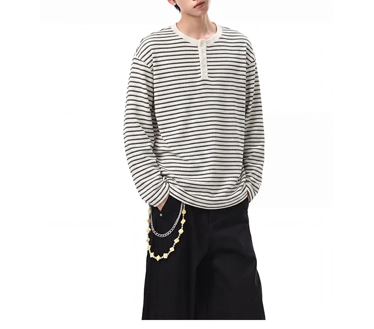Herbst Neuheit: Henry-Kragen Gestreiftes Casual-T-Shirt mit Knöpfen, Übergröße, Locker Geschnitten, Langarm, Weiche Strick-Unterwäsche für Herren, Basisschicht-Oberteil – Detail 7