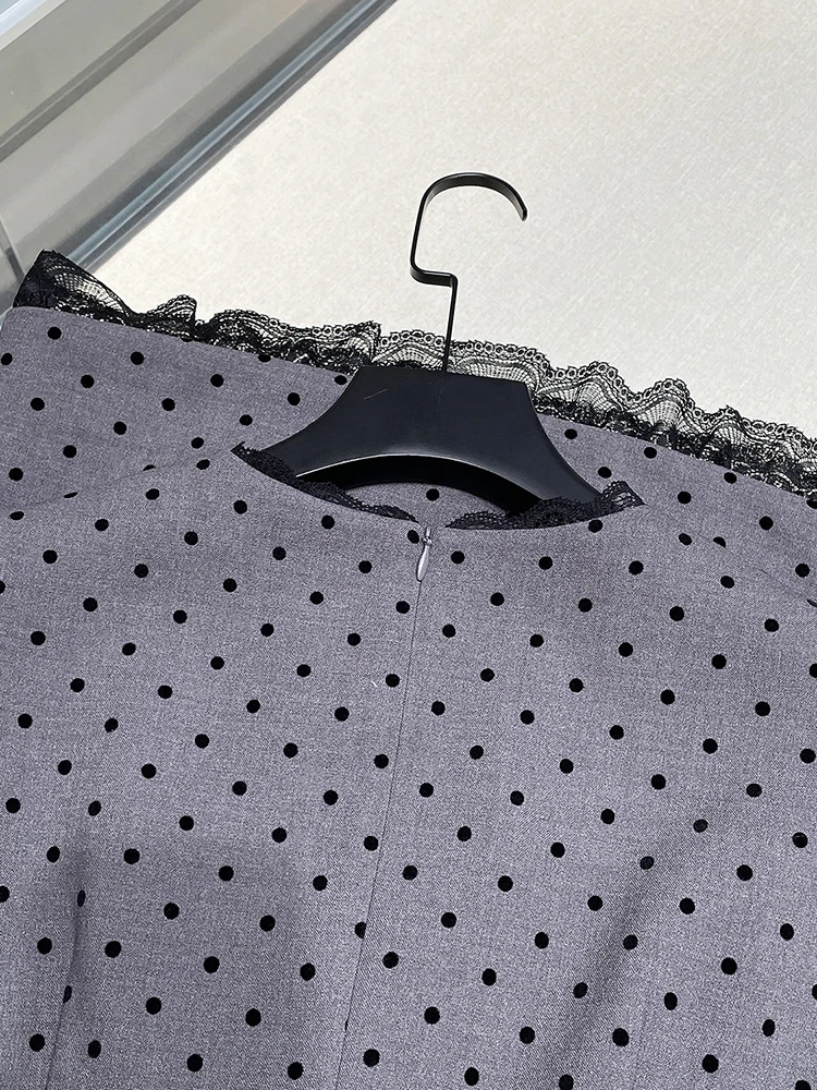 

High-End Women's Lace Splice Polka Dot Knot Svel Vest Dr A-Line Skirt High Waist Summer Commute Sle
