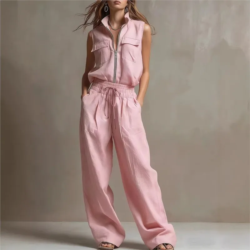 

2026 Summer Women's Pants Set Solid Color Casual Loose Fashion Comfortable Minimalist Daily Commuter Wear Top Zipper Pants Set