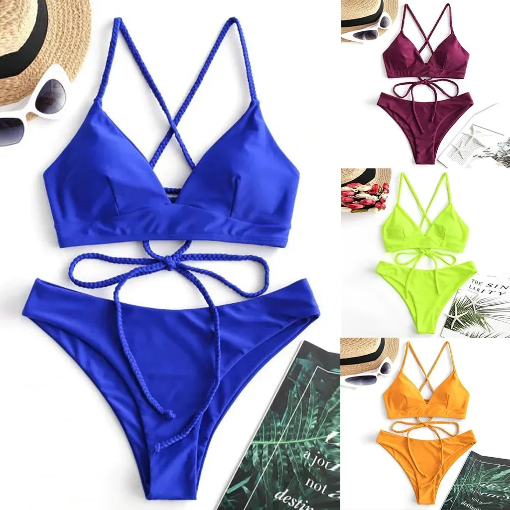 Plus Size Swimwear Women Bikinis Set Bikini Solid Set Swimsuit Two Piece Filled Bra Swimwear Beachwear Bikinis Sets For Teens