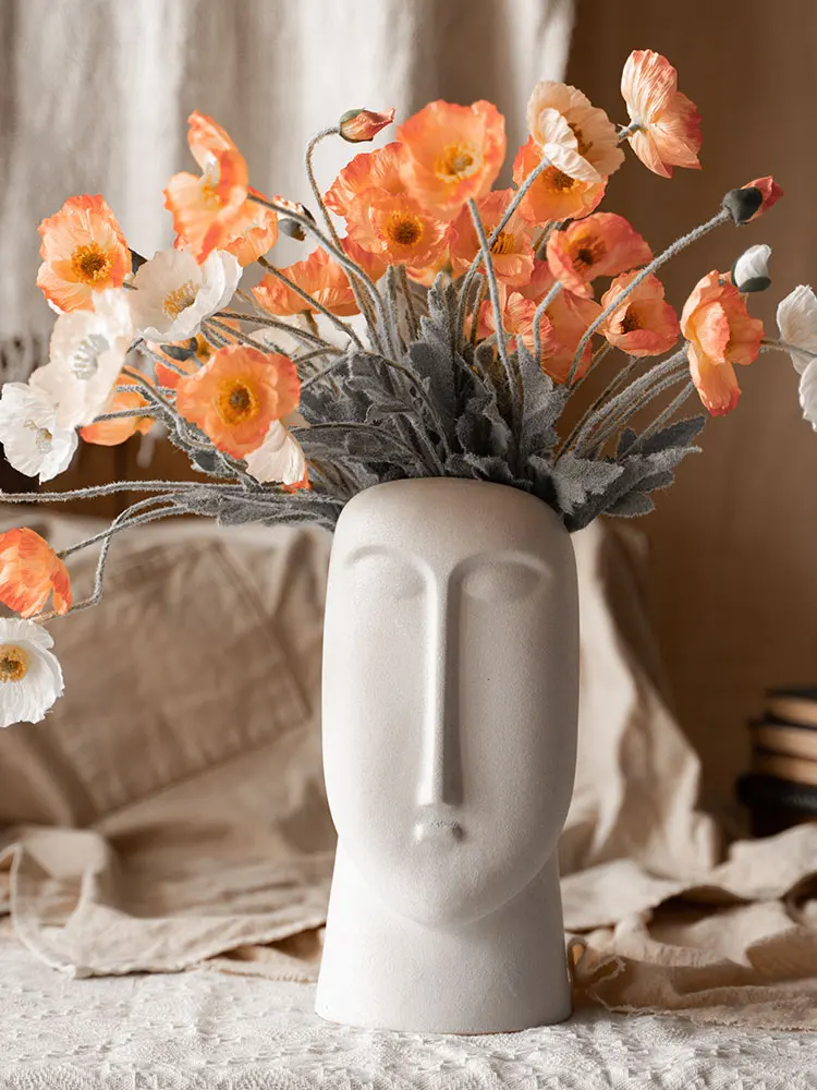 European Style White Ceramic Countertop Vase Abstract Human Face Flower Arrangement Plant Pot Home Decoration