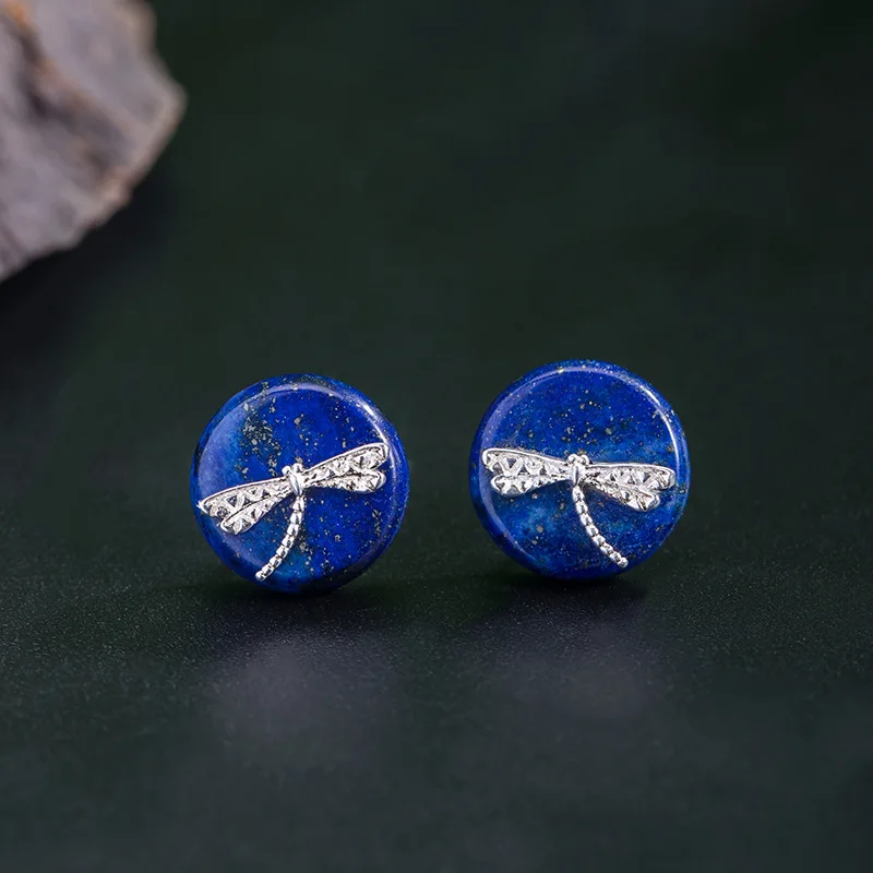 

925 Sterling Silver Lapis Lazuli Women Stud Earrings Retro Ethnic Style Dragonfly Small Round Earrings Jewelry for Girls EH129