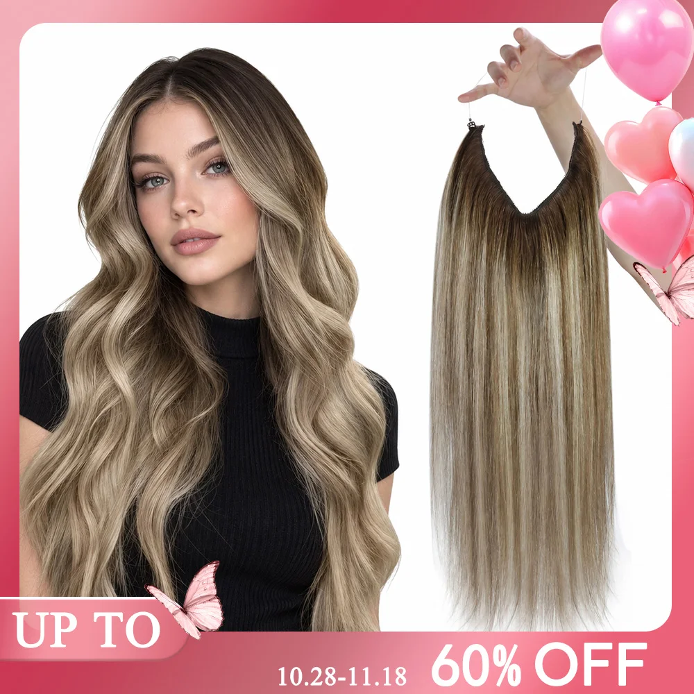 VeSunny Fish Line Human Hair Extension Wire Natural Hair One Piece Invisible Wire Hair Weft with 2 Clips Blonde Soft Remy Hair