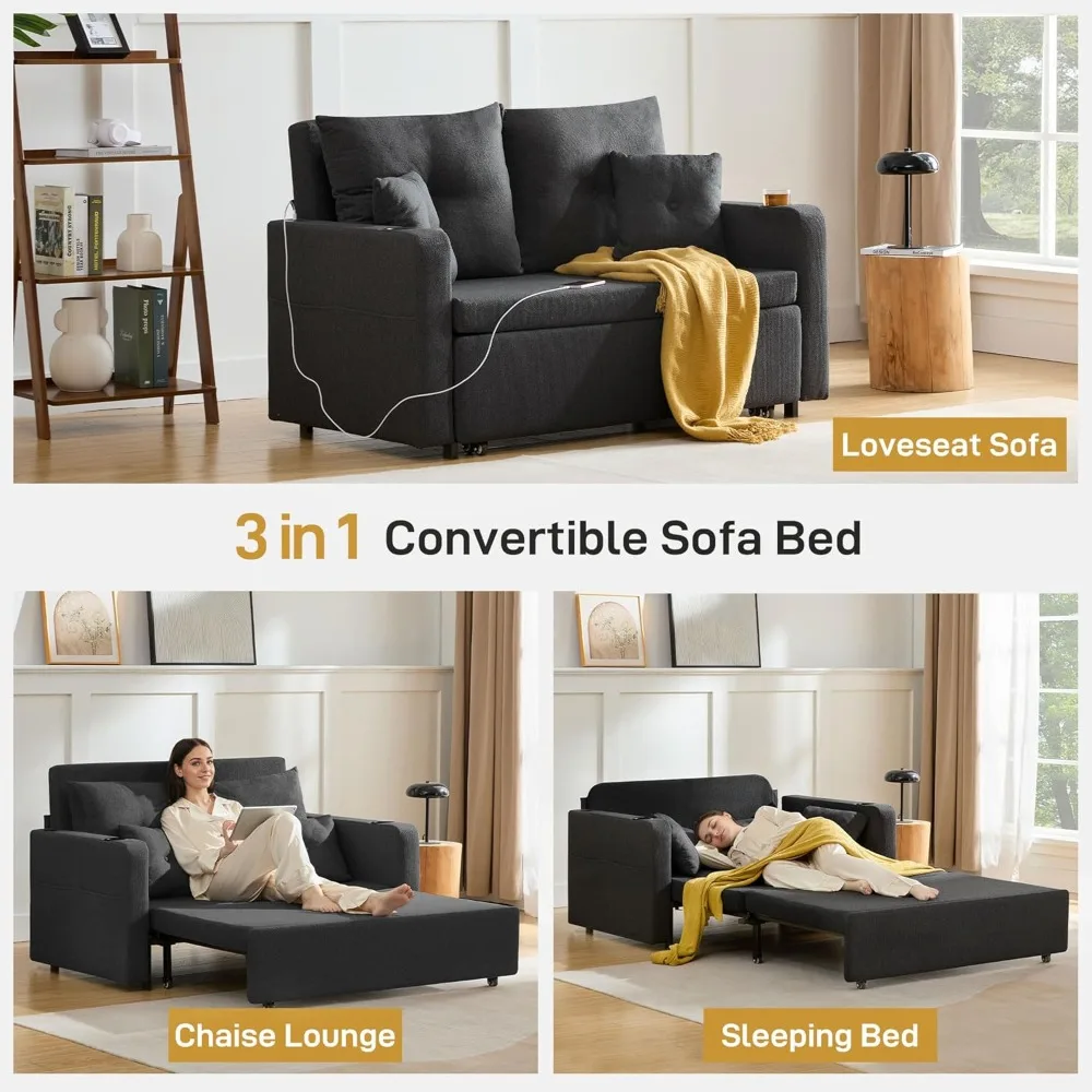 سرير أريكة قابل للتحويل 3 في 1، سرير أريكة للنوم بالحجم الكامل مقاس 56 بوصة، سرير أريكة للنوم مع جيب تخزين،