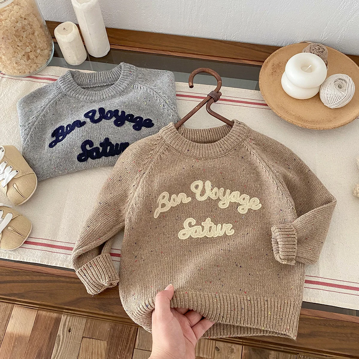 Ins Autumn Winter Baby Boys Sweaters Letter Embroidery Cotton Knitted Solid Infant Boys Liner Tops Toddler Boys Pullovers