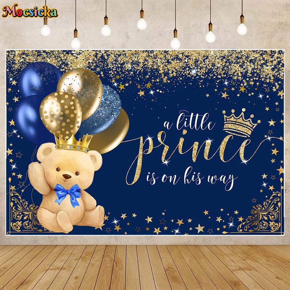 

Mocsicka Bear Baby Shower Backdrop Royal Blue Boy Welcome Party Decor Background A Little Prince Is On The Way Banner Photoshoot