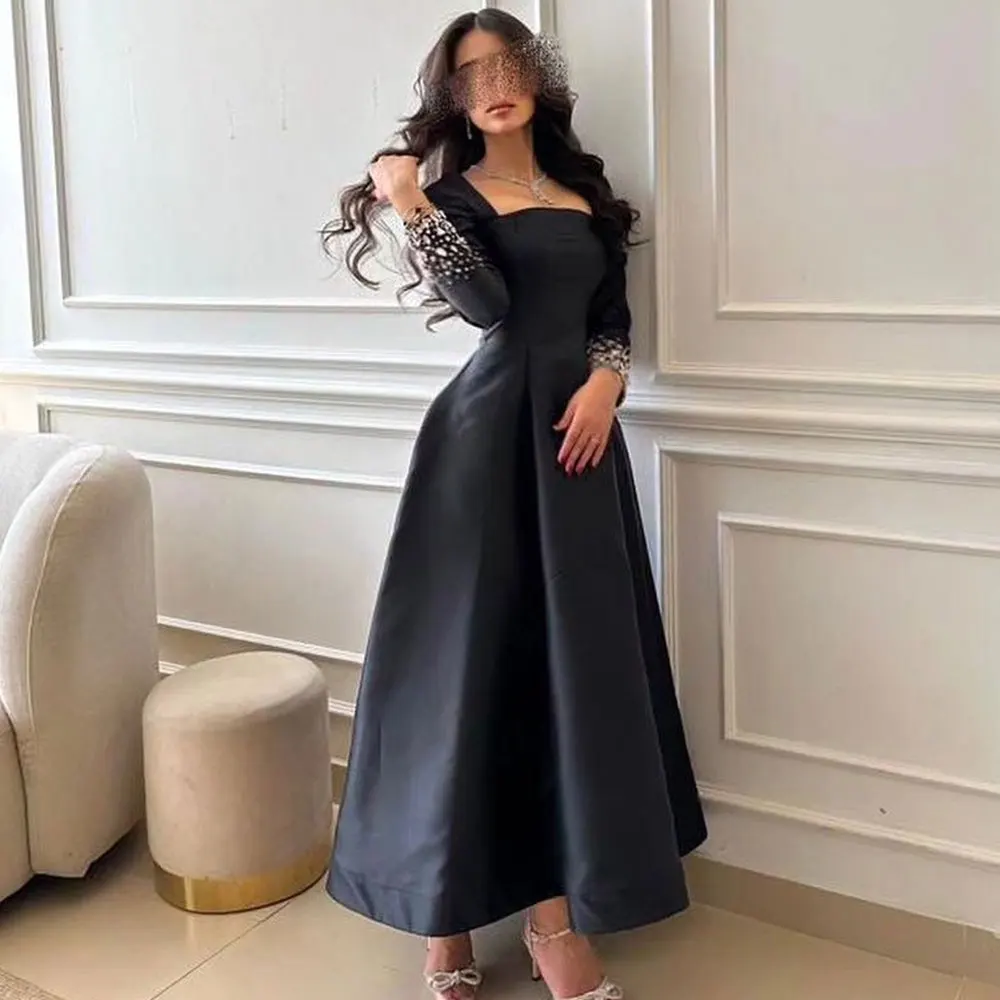 

Beautiful Satin Evening Dress Square Neck Long Sleeves Crystal BeadedSaudi Arabian Women's A-Line Ankle-Length Vestidos De Gala