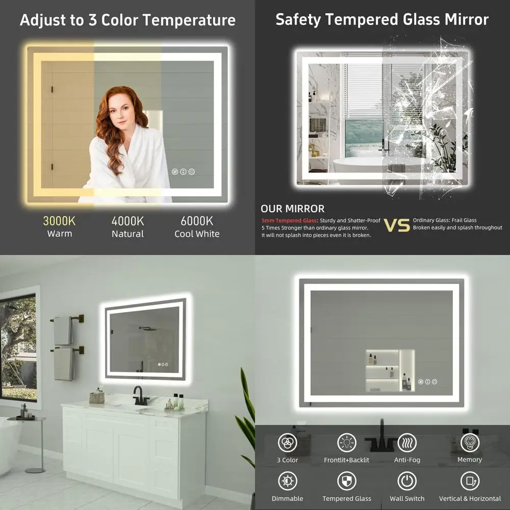 

LED Bathroom Mirror with Dimmable Lights, Anti-Fog, Tempered Glass, 40x32 Vanity Mirror with Front and Back Lighting (Horizontal