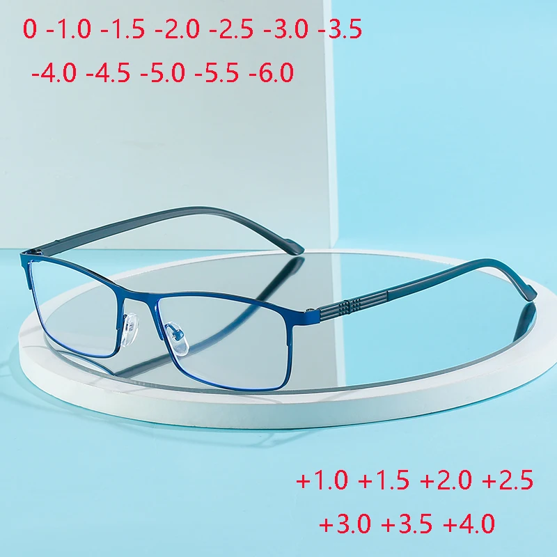 0 -0.5 -1.0 To -6 Metal Full Frame Blue Light Blocking Student Myopia Glasses With Degree Square Reader Eyeglasses +1.0 To +4.0