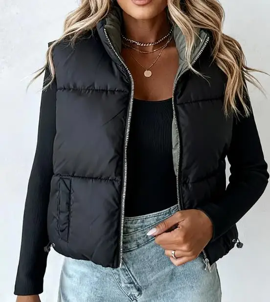 سترة بدون أكمام مملوءة بأكمام دافئة للنساء في أزياء الشتاء، طراز كلاسيكي، سحاب أمامي، سترة قصيرة للأسفل #3