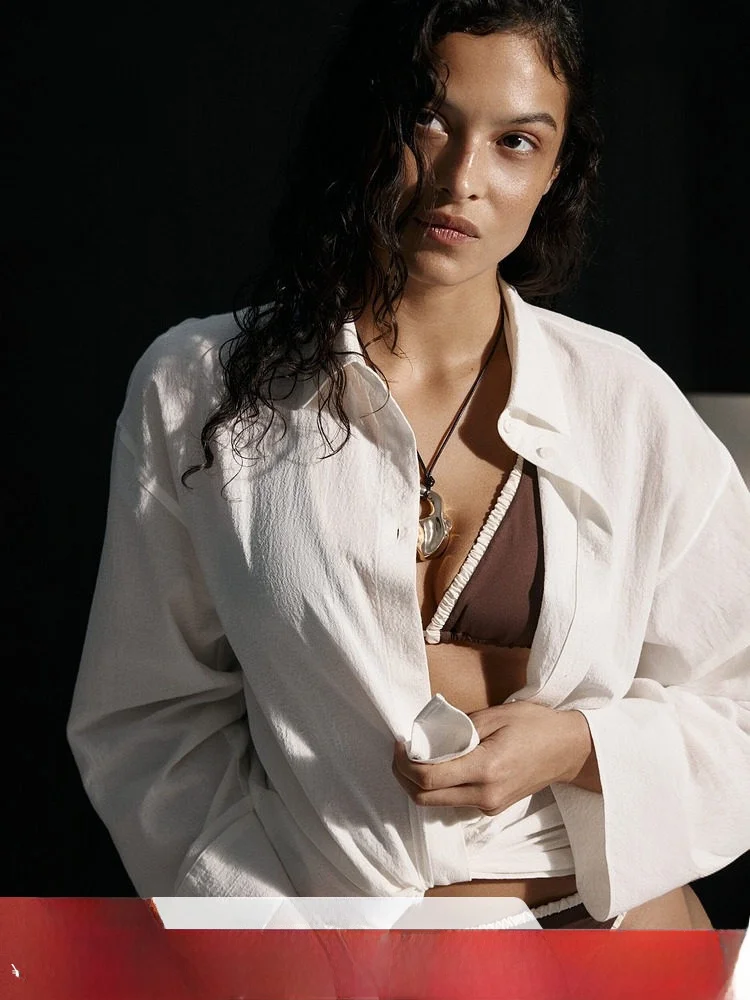 

Новинка весенней коллекции: Женская свободная пляжная рубашка H&M, повседневная, с длинным рукавом, на пуговицах, из смесового хлопка с эластаном