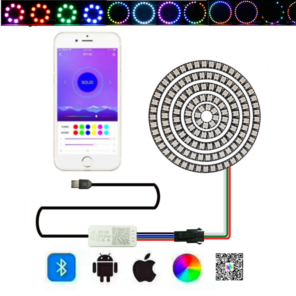 Anillo de píxeles LED WS2812B, cable USB/CC y controlador SP110E, dirección individual 5050 RGB, WS2812IC, módulo o Kits Led integrados