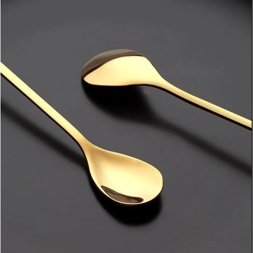 6pcs/Set Long Handle 7.4-Inch Leaf Teaspoons Gold Stainless Steel Coffee stirring spoon Kitchen Tools