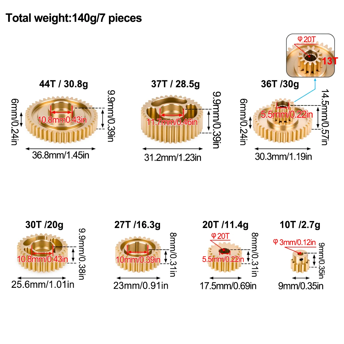 7 stuks Messing Versnellingsbak Gear Set Upgrade Onderdelen voor 1/14 Tamiya RC Truck SCANIA 770S R620 VOLVO FH16 3363 1851 MAN TGS Auto