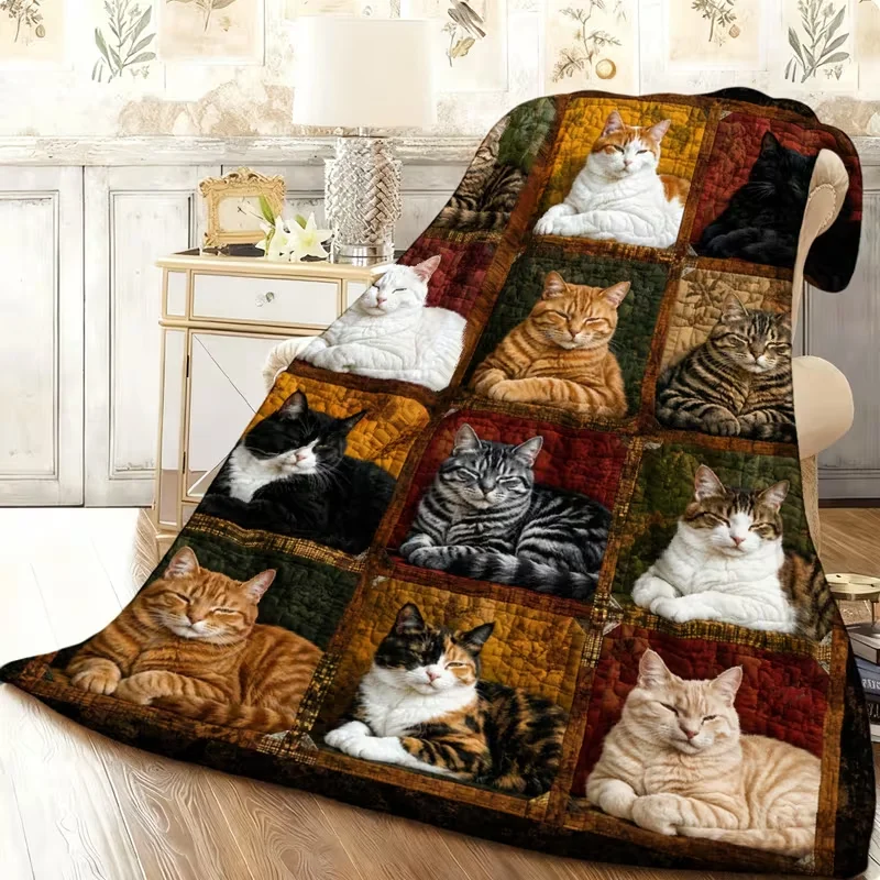 Vintage Patchwork Multi‑Cats Grid Flannel Throw Blanket, Soft Cozy Lightweight Fleece Blanket for Bedroom Sofa Home Decoration Cat Lover Gift