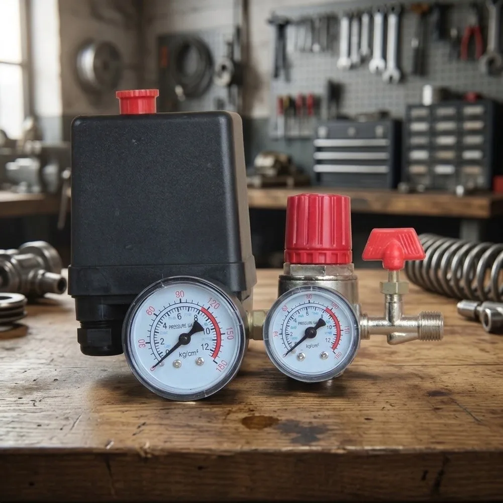 Air Compressor Pressure Regulator Switch Kit 90-120 PSI Cut In Cut Out with 1/4 NPT Connections and Dual Gauges
