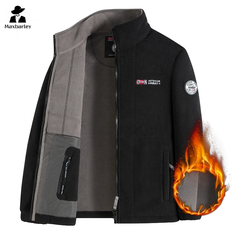 

Мужская флисовая куртка премиум-класса 2025 года, стильная толстая теплая парка с воротником-стойкой для путешествий на открытом воздухе, однотонный дизайн, уютные зимние куртки на молнии