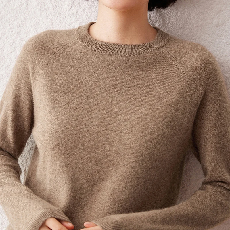 المرأة سترة الخريف/الشتاء جديد 100% الكشمير الخالص هوديي عادية بلون محبوك القمم فضفاضة الجولة الرقبة بلوزة الأساسية