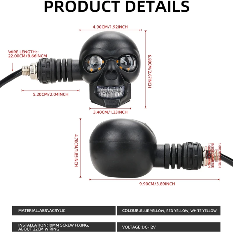 2 قطعة دراجة نارية على شكل جمجمة LED مصباح إشارة الانعطاف ثنائي اللون على شكل مقاوم للماء ضوء الضباب مصباح أمامي مساعد ATV