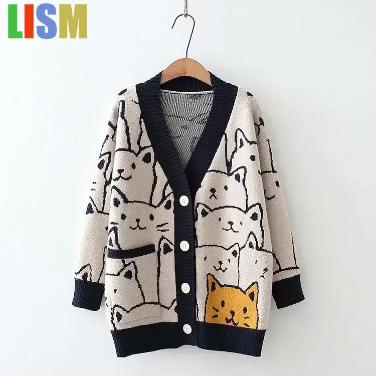 

LISM Cartoon Cat knitted cardigans Jumper Womens Harajuku Sweater coat women's winter clothes y2k sweatshirt 2025