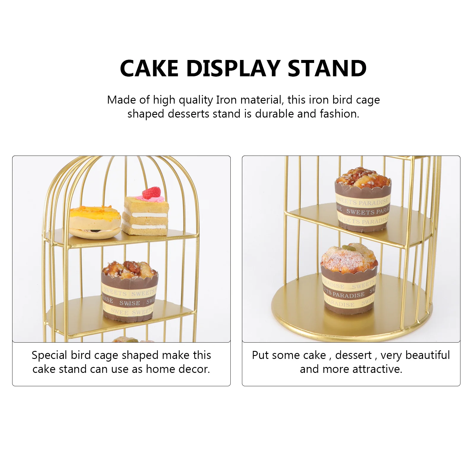 

25Cm Three Tier Cake Stand Wrought Iron Cage Stand for Snacks Sweets Treats Afternoon Tea Event Decor Golden