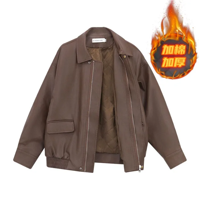 

Женские куртки из искусственной кожи на молнии с отложным воротником, однотонные, в стиле Y2K, с длинными рукавами, для уличной моды, осень-зима