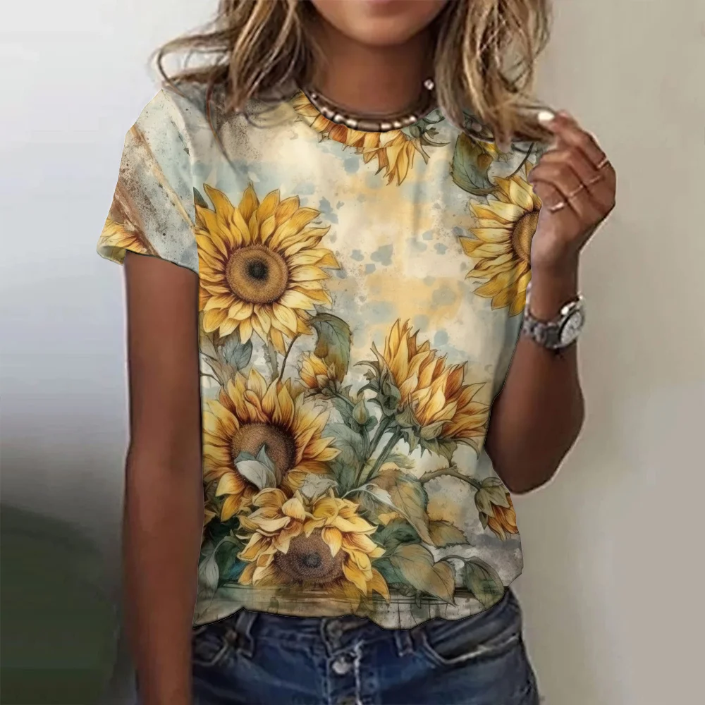 New Sunflower T-Shirts Vintage Floral 3D Print Women's O-Neck Short Sleeves T Shirt Casual Y2k Harajuku Tees Top Female Clothing